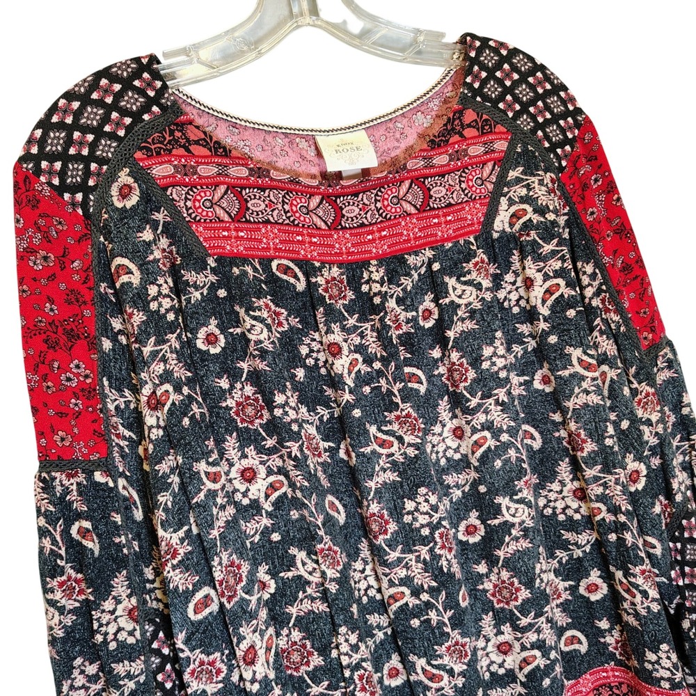 Knox Rose Womens XXL Red Navy Floral Paisley Boho Bell Sleeve Blouse Top